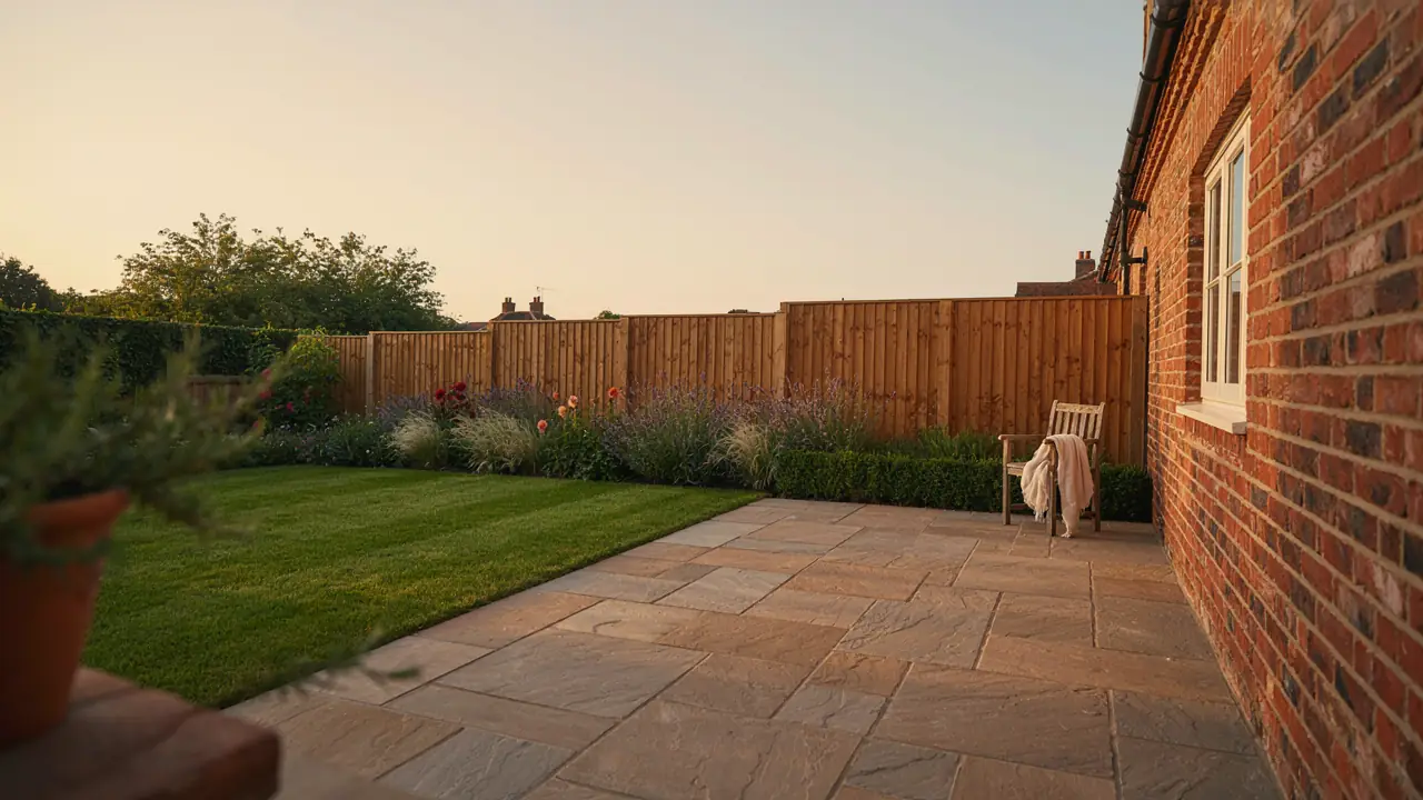 Finished Indian sandstone patio and lawn in a Blackburn back garden in evening light