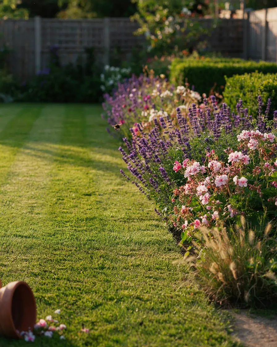 Freshly mown lawn with clean edges and weeded borders