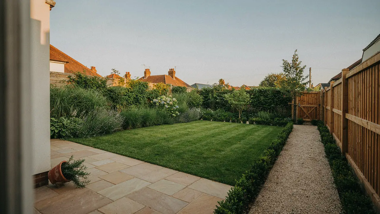A finished garden with a new patio, lawn and fencing