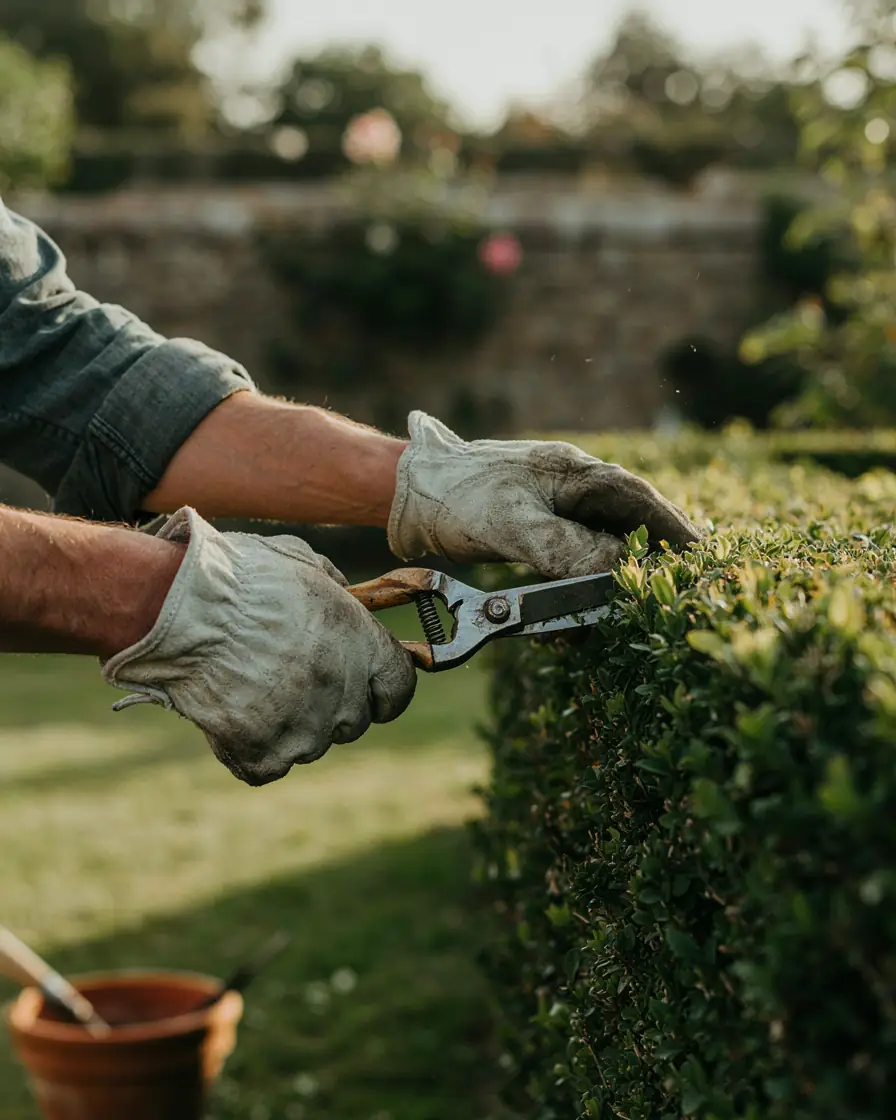 Gloved hands trimming a box hedge with shears on a maintenance visit